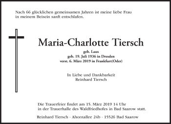 Traueranzeige von Maria-Charlotte Tiersch von Märkische Oderzeitung