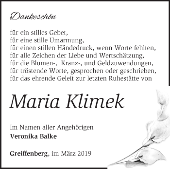 Traueranzeige von Maria Klimek von Märkische Oderzeitung