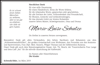 Traueranzeige von Marie-Luise Schulze von Märkische Oderzeitung