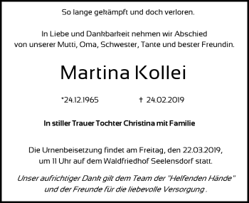 Traueranzeige von Martina Kollei von Märkische Oderzeitung