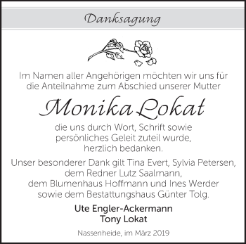 Traueranzeige von Monika Lokat von Märkische Oderzeitung