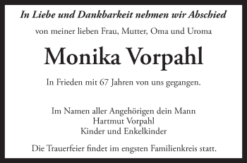 Traueranzeige von Monika Vorpahl von Märkische Oderzeitung