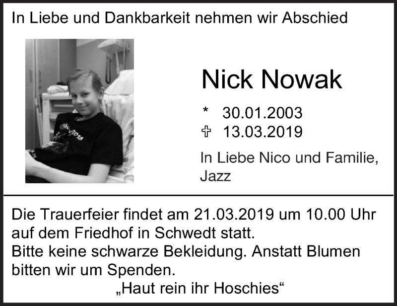  Traueranzeige für Nick Nowak vom 20.03.2019 aus Märkische Oderzeitung
