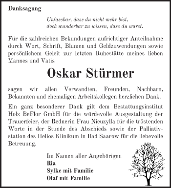 Traueranzeige von Oskar Stürmer von Märkische Oderzeitung