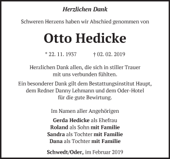 Traueranzeige von Otto Hedicke von Märkische Oderzeitung