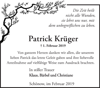 Traueranzeige von Patrick Krüger von Märkische Oderzeitung