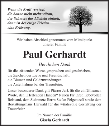 Traueranzeige von Paul Gerhardt von Märkische Oderzeitung