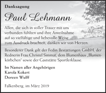 Traueranzeige von Paul Lehmann von Märkische Oderzeitung