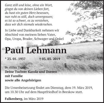 Traueranzeige von Paul Lehmann von Märkische Oderzeitung