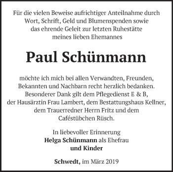 Traueranzeige von Paul Schünmann von Märkische Oderzeitung