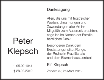 Traueranzeige von Peter Klepsch von Märkische Oderzeitung