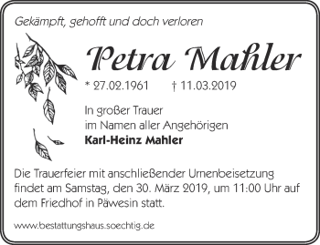 Traueranzeige von Petra Mahler von Märkische Oderzeitung