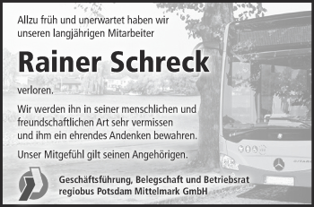 Traueranzeige von Rainer Schreck von Märkische Oderzeitung