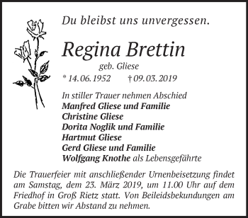 Traueranzeige von Regina Brettin von Märkische Oderzeitung