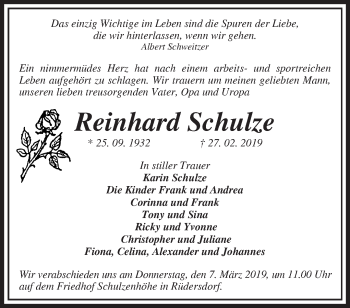 Traueranzeige von Reinhard Schulze von Märkische Oderzeitung