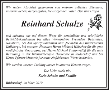 Traueranzeige von Reinhard Schulze von Märkische Oderzeitung