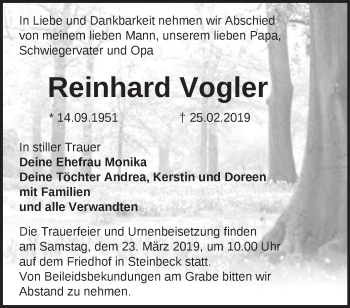 Traueranzeige von Reinhard Vogler von Märkische Oderzeitung