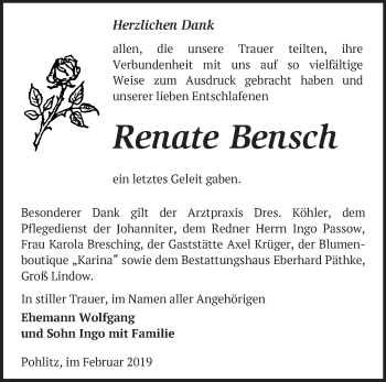 Traueranzeige von Renate Bensch von Märkische Oderzeitung