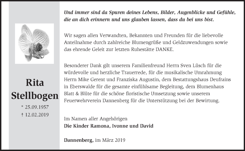  Traueranzeige für Rita Stellbogen vom 17.03.2019 aus Märkische Oderzeitung