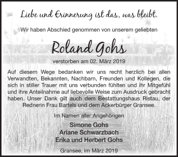 Traueranzeige von Roland Gohs von Märkische Oderzeitung