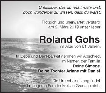 Traueranzeige von Roland Gohs von Märkische Oderzeitung