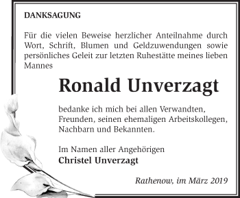 Traueranzeige von Ronald Unverzagt von Märkische Oderzeitung