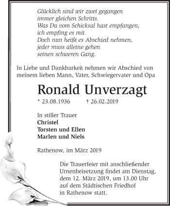 Traueranzeige von Ronald Unverzagt von Märkische Oderzeitung