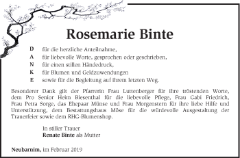 Traueranzeige von Rosemarie Binte von Märkische Oderzeitung