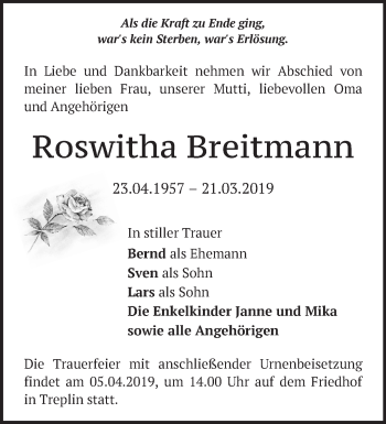 Traueranzeige von Roswitha Breitmann von Märkische Oderzeitung