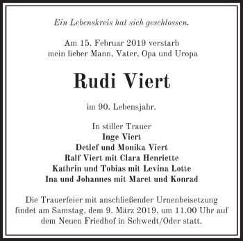 Traueranzeige von Rudi Viert von Märkische Oderzeitung