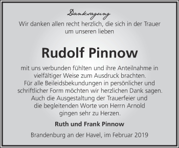 Traueranzeige von Rudolf Pinnow von Märkische Oderzeitung