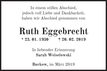 Traueranzeige von Ruth Eggebrecht von Märkische Oderzeitung