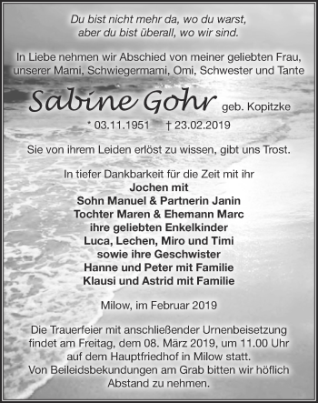 Traueranzeige von Sabine Gohr von Märkische Oderzeitung