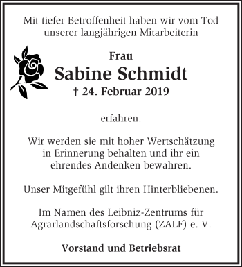 Traueranzeige von Sabine Schmidt von Märkische Oderzeitung