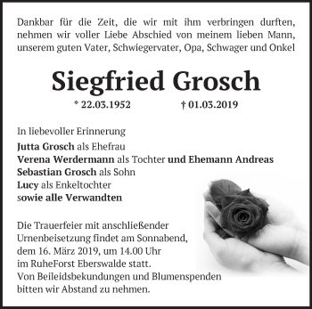 Traueranzeige von Siegfried Grosch von Märkische Oderzeitung