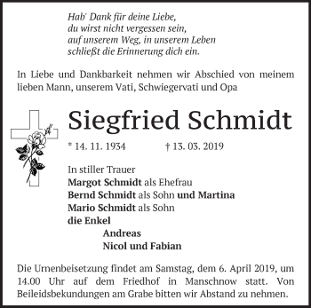 Traueranzeige von Siegfried Schmidt von Märkische Oderzeitung