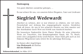 Traueranzeige von Siegfried Wedewardt von Märkische Oderzeitung