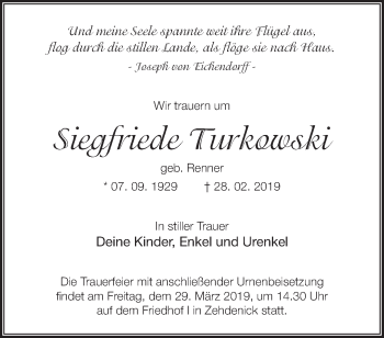 Traueranzeige von Siegfriede Turkowski von Märkische Oderzeitung
