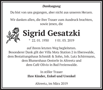 Traueranzeige von Sigrid Gesatzki von Märkische Oderzeitung