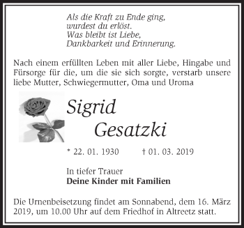 Traueranzeige von Sigrid Gesatzki von Märkische Oderzeitung