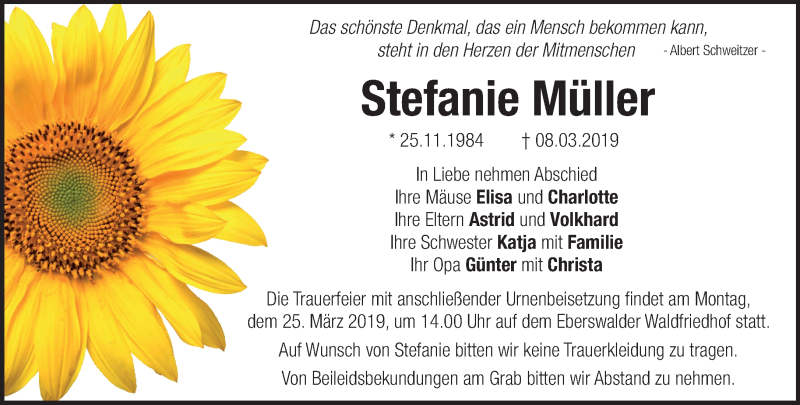  Traueranzeige für Stefanie Müller vom 17.03.2019 aus Märkische Oderzeitung