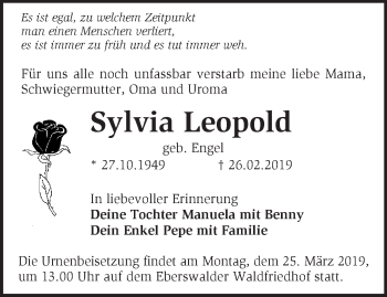 Traueranzeige von Sylvia Leopold von Märkische Oderzeitung
