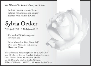 Traueranzeige von Sylvia Oetker von Märkische Oderzeitung