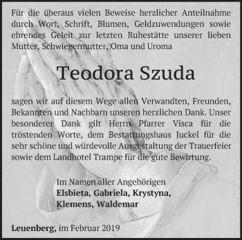 Traueranzeige von Teodora Szuda von Märkische Oderzeitung