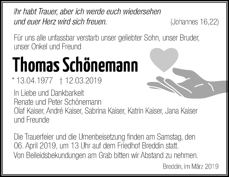  Traueranzeige für Thomas Schönemann vom 30.03.2019 aus Märkische Oderzeitung