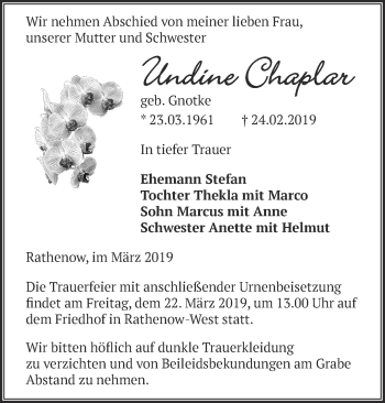 Traueranzeige von Undine Chaplar von Märkische Oderzeitung