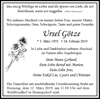 Traueranzeige von Ursel Götze von Märkische Oderzeitung
