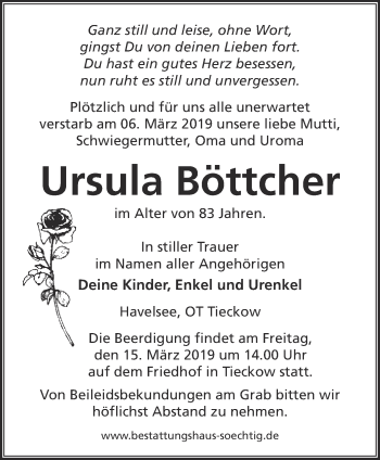 Traueranzeige von Ursula Böttcher von Märkische Oderzeitung