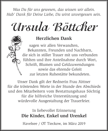 Traueranzeige von Ursula Böttcher von Märkische Oderzeitung