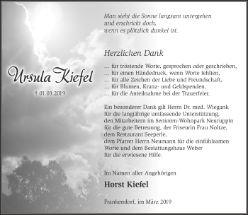 Traueranzeige von Ursula Kiefel von Märkische Oderzeitung